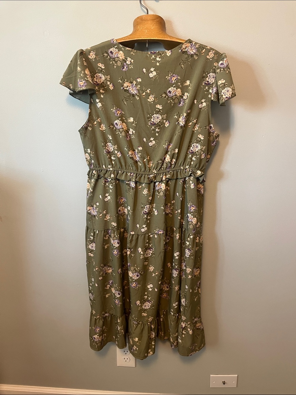 Cottagecore Olive Green Floral V-Neck Midi Dress - Picture 4 of 4
